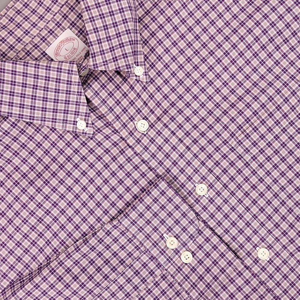 Brooks Brothers Shirt Mens Large Purple Plaid Non-Iron Supima Cotton Button Down